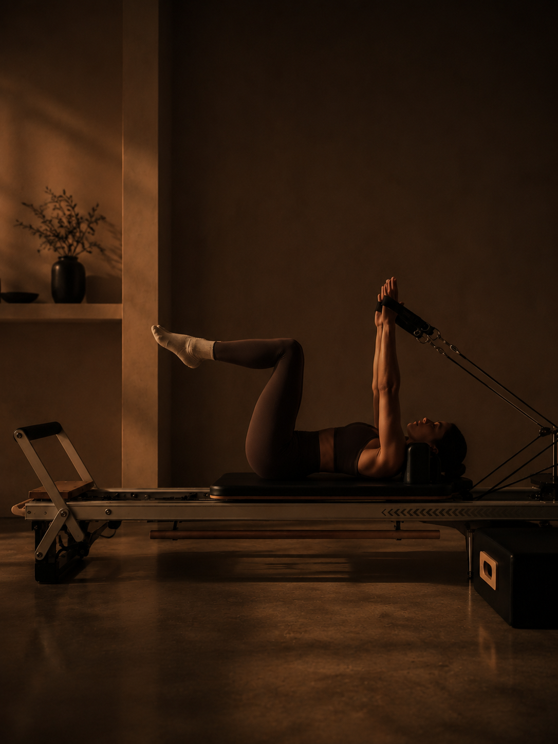 Pilates instructor moving on a reformer in warm studio light